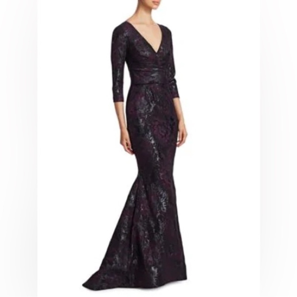 Theia 3/4-Sleeve Super-Stretch Jacquard Mermaid Dress Size 6 Floor Length Gown